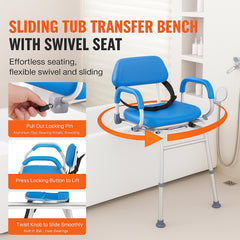 Sliding Tub Transfer Bench with 360 Degree Swivel Seat, Sliding Shower Chair with Pivoting Armrest & Padded Seat and Safety Belt, Height Adjustable Bath Chair for Elderly Disabled 330LBS