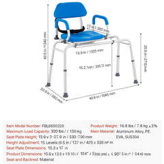 Sliding Tub Transfer Bench with 360 Degree Swivel Seat, Sliding Shower Chair with Pivoting Armrest & Padded Seat and Safety Belt, Height Adjustable Bath Chair for Elderly Disabled 330LBS
