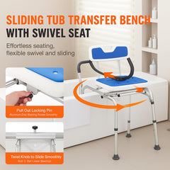 Sliding Tub Transfer Bench with 360 Degree Swivel Seat, Height Adjustable Bathtub Transfer Bench with Armrest & Safety Belt, Non-Slip Rotating Shower Chair for Elderly Disabled, 400LBS Capacity