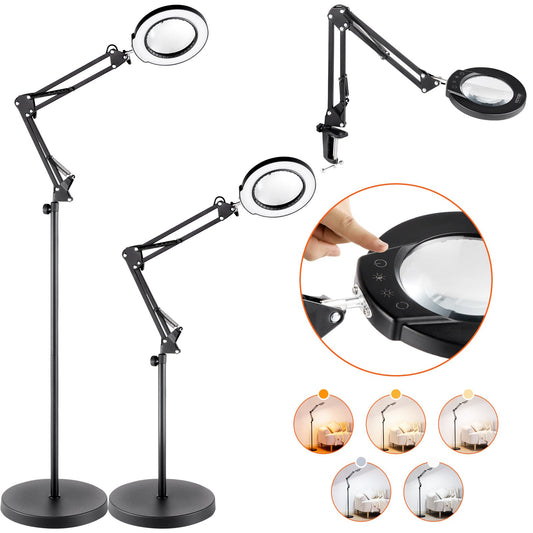 VEVOR Magnifying Floor Lamp, 5X Standing Magnifying Glass with Light, Height Adjustable Floor Magnifier with Light, Flexible Arm, 3-in-1 LED 5 Color Modes Stepless Dimmable, for Reading Craft
