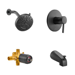 Tub and Shower Faucet Set, Complete with 127 mm Rainfall Shower Head and Bathtub Spout, 8-Setting Adjustable Spray, Single-Handle Tub Trim Kit with Brass Pressure Balancing Valve, Matte Black