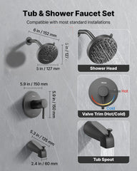 Tub and Shower Faucet Set, Complete with 127 mm Rainfall Shower Head and Bathtub Spout, 8-Setting Adjustable Spray, Single-Handle Tub Trim Kit with Brass Pressure Balancing Valve, Matte Black