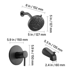 Tub and Shower Faucet Set, Complete with 127 mm Rainfall Shower Head and Bathtub Spout, 8-Setting Adjustable Spray, Single-Handle Tub Trim Kit with Brass Pressure Balancing Valve, Matte Black