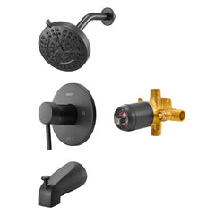Tub and Shower Faucet Set, Complete with 127 mm Rainfall Shower Head and Bathtub Spout, 8-Setting Adjustable Spray, Single-Handle Tub Trim Kit with Brass Pressure Balancing Valve, Matte Black