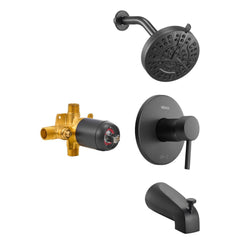 Tub and Shower Faucet Set, Complete with 127 mm Rainfall Shower Head and Bathtub Spout, 8-Setting Adjustable Spray, Single-Handle Tub Trim Kit with Brass Pressure Balancing Valve, Matte Black