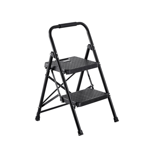 2 Step Ladder, Folding Step Stool with Wide Anti-Slip Pedal and Comfort Handgrip, Lightweight 272 kg Capacity Portable Steel Ladder, Multi-Use for Kitchen, Home, Household and Office, Black