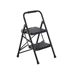 2 Step Ladder, Folding Step Stool with Wide Anti-Slip Pedal and Comfort Handgrip, Lightweight 272 kg Capacity Portable Steel Ladder, Multi-Use for Kitchen, Home, Household and Office, Black
