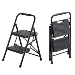 2 Step Ladder, Folding Step Stool with Wide Anti-Slip Pedal and Comfort Handgrip, Lightweight 272 kg Capacity Portable Steel Ladder, Multi-Use for Kitchen, Home, Household and Office, Black