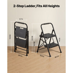 2 Step Ladder, Folding Step Stool with Wide Anti-Slip Pedal and Comfort Handgrip, Lightweight 272 kg Capacity Portable Steel Ladder, Multi-Use for Kitchen, Home, Household and Office, Black