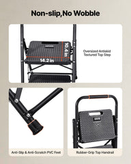 2 Step Ladder, Folding Step Stool with Wide Anti-Slip Pedal and Comfort Handgrip, Lightweight 272 kg Capacity Portable Steel Ladder, Multi-Use for Kitchen, Home, Household and Office, Black