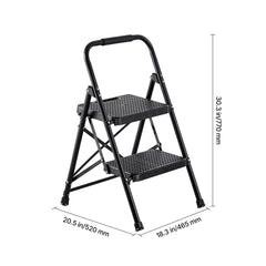 2 Step Ladder, Folding Step Stool with Wide Anti-Slip Pedal and Comfort Handgrip, Lightweight 272 kg Capacity Portable Steel Ladder, Multi-Use for Kitchen, Home, Household and Office, Black