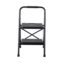 2 Step Ladder, Folding Step Stool with Wide Anti-Slip Pedal and Comfort Handgrip, Lightweight 272 kg Capacity Portable Steel Ladder, Multi-Use for Kitchen, Home, Household and Office, Black