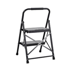 2 Step Ladder, Folding Step Stool with Wide Anti-Slip Pedal and Comfort Handgrip, Lightweight 272 kg Capacity Portable Steel Ladder, Multi-Use for Kitchen, Home, Household and Office, Black