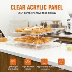 Pastry Display Case, 2-Tier Commercial Countertop Bakery Display Case, Acrylic Display Box with Rear Door Access & Removable Shelves, Keep Fresh for Donut Bagels Cake Cookie