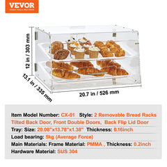 Pastry Display Case, 2-Tier Commercial Countertop Bakery Display Case, Acrylic Display Box with Rear Door Access & Removable Shelves, Keep Fresh for Donut Bagels Cake Cookie