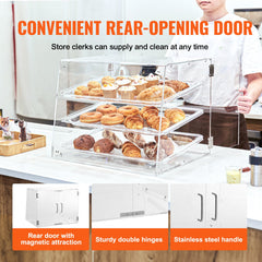 Pastry Display Case, 3-Tier Commercial Countertop Bakery Display Case, Acrylic Display Box with Rear Door Access & Removable Shelves, Keep Fresh for Donut Bagels Cake Cookie