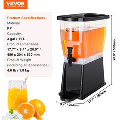 Beverage Dispenser, 3 Gallon Drink Dispenser for Parties, Plastic Juice Dispenser with Stand Spigot Lid, Iced Tea Lemonade Juice Water Dispenser, for Restaurants, Hotels, Parties