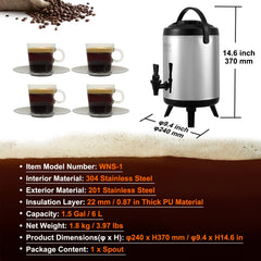 Stainless Steel Insulated Beverage Dispenser, 6 Liter, Thermal Hot and Cold Drink Server Dispenser with Spigot Handle, Food-grade for Hot Tea Coffee Water Restaurant Drink Shop