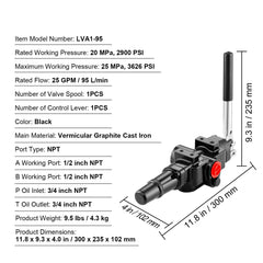 Hydraulic Log Splitter Valve 1 Spool, 25 GPM Hydraulic Directional Control Valve, 3626PSI Hydraulic Loader Valve, Hydraulic Joystick Control Valve for Small Tractors, Loaders, Log Splitter