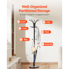 Freestanding Coat Rack, Metal Coats Rack Stand with Umbrella Holder, Stable Marble Base & 14 Hooks, Hall Coat Tree for Entryway, Bedroom, Living Room, Stylish Coats Hanger for Hats, Scarves, Bag