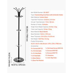 Freestanding Coat Rack, Metal Coats Rack Stand with Umbrella Holder, Stable Marble Base & 14 Hooks, Hall Coat Tree for Entryway, Bedroom, Living Room, Stylish Coats Hanger for Hats, Scarves, Bag