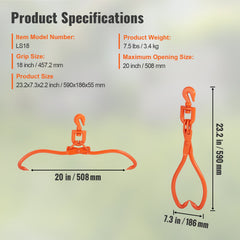 Log Skidding Tongs, 45.7cm 2 Claw Log Lifting Tongs, Heavy Duty Rotating Steel Lumber Skidding Tongs, 350 kg Loading Capacity, Log Lifting, Handling, Dragging & Carrying Tool