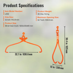 Log Skidding Tongs, 81.3cm 2 Claw Log Lifting Tongs, Heavy Duty Rotating Steel Lumber Skidding Tongs, 700 kg Loading Capacity, Log Lifting, Handling, Dragging & Carrying Tool