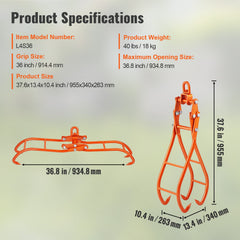 Timber Claw Hook, 36 inch 4 Claw Log Grapple for Logging Tongs, Swivel Steel Log Lifting Tongs, Eagle Claws Design with 3307 lbs/1500 kg Loading Capacity for Tractors, ATVs, Trucks, Forklifts