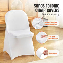 Stretch Spandex Folding Chair Covers, Universal Fitted Chair Cover, Removable Washable Protective Slipcovers, for Wedding, Holiday, Banquet, Party, Celebration, Dining (50PCS White)