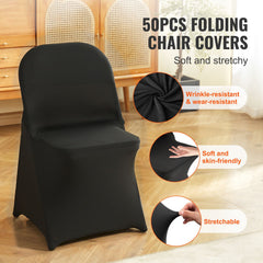 Stretch Spandex Folding Chair Covers, Universal Fitted Chair Cover, Removable Washable Protective Slipcovers, for Wedding, Holiday, Banquet, Party, Celebration, Dining (50PCS Black)