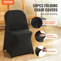 Stretch Spandex Folding Chair Covers, Universal Fitted Chair Cover, Removable Washable Protective Slipcovers, for Wedding, Holiday, Banquet, Party, Celebration, Dining (50PCS Black)