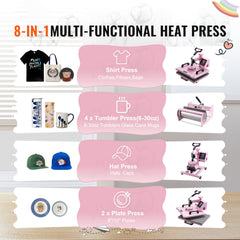 Heat Press Machine 12x15 in 5 in 1 with 30oz Tumbler Press T-Shirts Pink
