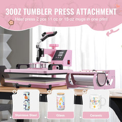 Heat Press Machine 12x15 in 5 in 1 with 30oz Tumbler Press T-Shirts Pink