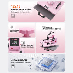 Heat Press Machine 12x15 in 5 in 1 with 30oz Tumbler Press T-Shirts Pink