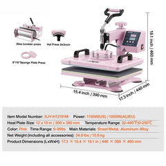 Heat Press Machine 12x15 in 5 in 1 with 30oz Tumbler Press T-Shirts Pink