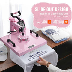 Heat Press Machine, 15 x 15 inch, 5 in 1 Heat Transfer Machine with 30 oz Tumbler Press, 360° Swing Away T-Shirt Pressing, Digital Precise Control, for T-Shirts/Mugs/Hats/Plates, Pink