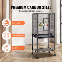 54 inch Standing Large Bird Cage, Carbon Steel Flight Bird Cage for Parakeets, Cockatiels, Parrots, Macaw with Rolling Stand and Tray