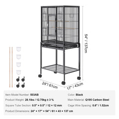 54 inch Standing Large Bird Cage, Carbon Steel Flight Bird Cage for Parakeets, Cockatiels, Parrots, Macaw with Rolling Stand and Tray