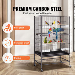 52 inch Standing Large Bird Cage, Carbon Steel Flight Bird Cage for Parakeets, Cockatiels, Parrots, Macaw with Rolling Stand and Tray