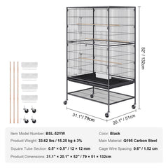 52 inch Standing Large Bird Cage, Carbon Steel Flight Bird Cage for Parakeets, Cockatiels, Parrots, Macaw with Rolling Stand and Tray