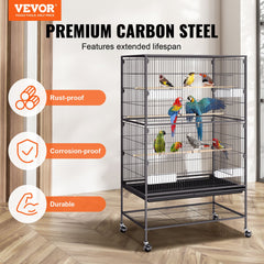 52 inch Standing Large Bird Cage, Carbon Steel Flight Bird Cage for Parakeets, Cockatiels, Parrots, Macaw with Rolling Stand and Tray