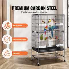 52 inch Standing Large Bird Cage, Carbon Steel Flight Bird Cage for Parakeets, Cockatiels, Parrots, Macaw with Rolling Stand and Tray
