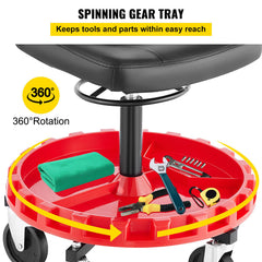 Shop Stool, 135 kg Rolling Garage Stool, 56 cm to 66 cm Adjustable Height Mobile Rolling Gear Seat, Round Tray Garage Pneumatic Stool, All-Terrain 12.7 cm Casters with Two Brakes Mechanic Seat