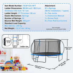 14FT Trampoline, 450 lbs Trampoline with Enclosure Net, Ladder, and Curved Pole, Heavy Duty Trampoline with Jumping Mat and Spring Cover Padding, Outdoor Recreational Trampolines for Kids Adults
