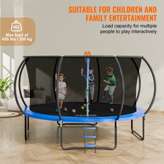 14FT Trampoline, 450 lbs Trampoline with Enclosure Net, Ladder, and Curved Pole, Heavy Duty Trampoline with Jumping Mat and Spring Cover Padding, Outdoor Recreational Trampolines for Kids Adults
