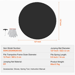 Replacement Trampoline Mat Fits 12ft Frame 72 V-Rings 5.5" Spring Length