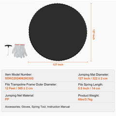Replacement Trampoline Mat Fits 12ft Frame 72 V-Rings 5.5" Spring Length