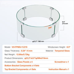 Fire Pit Wind Guard, 23 x 23 x 8 Inch Glass Flame Guard, Round Glass Shield, 1/4-Inch Thick Fire Table, Clear Tempered Glass Flame Guard, Aluminum Alloy Feet for Propane, Gas, Outdoor