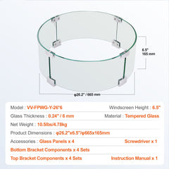 Fire Pit Wind Guard, 26 x 26 x 6 Inch Glass Flame Guard, Round Glass Shield, 1/4-Inch Thick Fire Table, Clear Tempered Glass Flame Guard, Steady Feet Tree Pit Guard for Propane, Gas, Outdoor