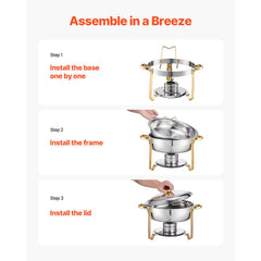 Chafing Dish Buffet Set, 5 Qt 4 Pack, Stainless Steel Chafer with 4 Full Size Pans, Round Catering Warmer Server with Lid Water Pan Folding Stand Clip, for Weddings Parties Banquets, Gold